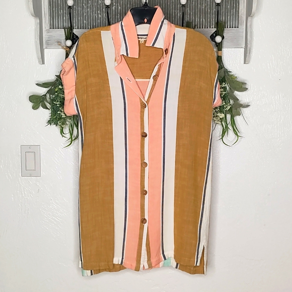 Rip Curl Striped Button-Down Cap Sleeve Dress Siz… - image 1